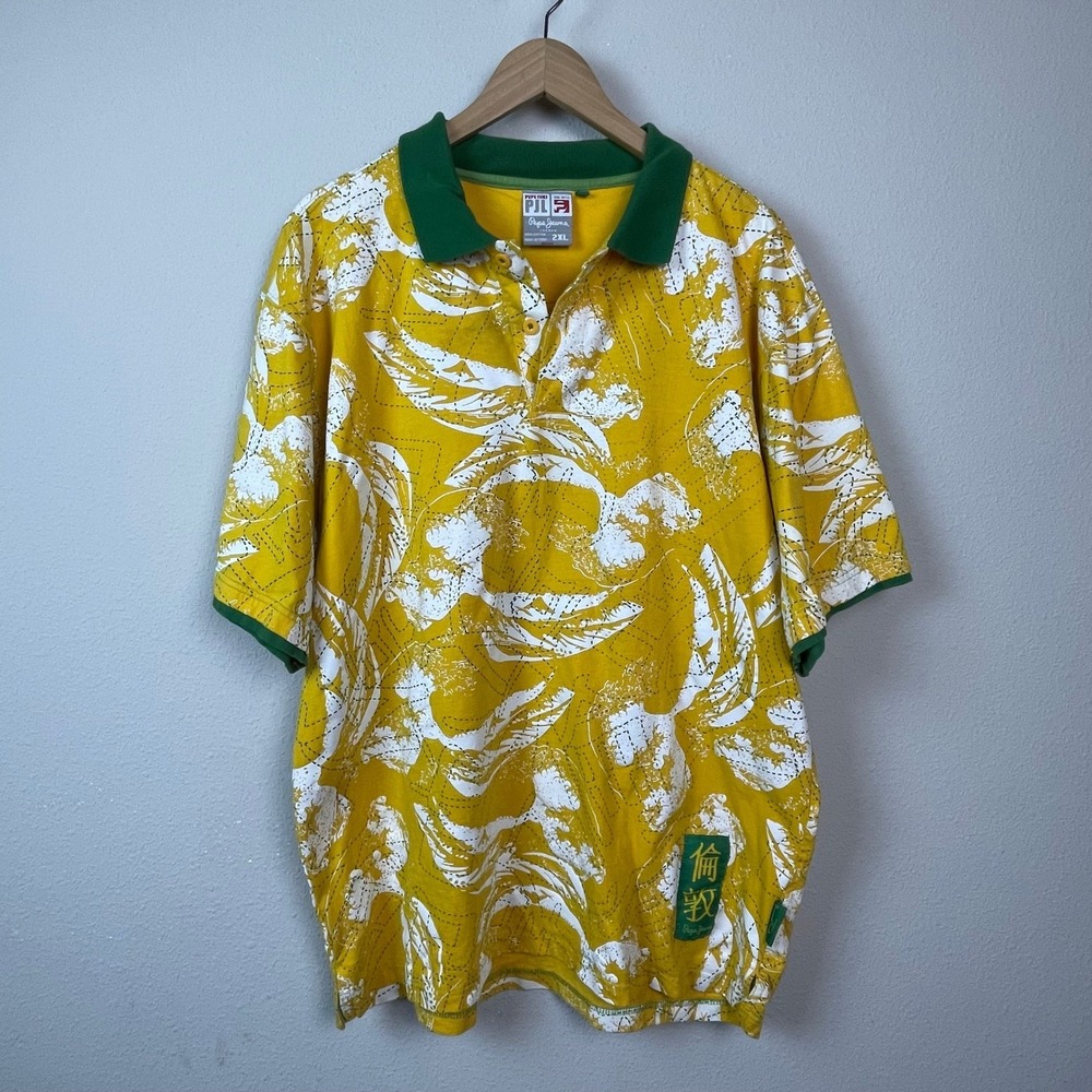 Pepe Jeans London Polo Shirt Mens 2XL Yellow Green Great Wave Y2K Streetwear